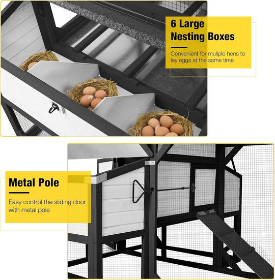 MEDEHOO Extra Large Chicken Coop for 8-10 Chickens, Reinforced Structure Outdoor Wooden Chicken House with 6 Nesting Boxes, Extended Run, Waterproof Roof, Iron Edge, Black, 118" L x 26" W x 50" H NAIR46-M-B-WM