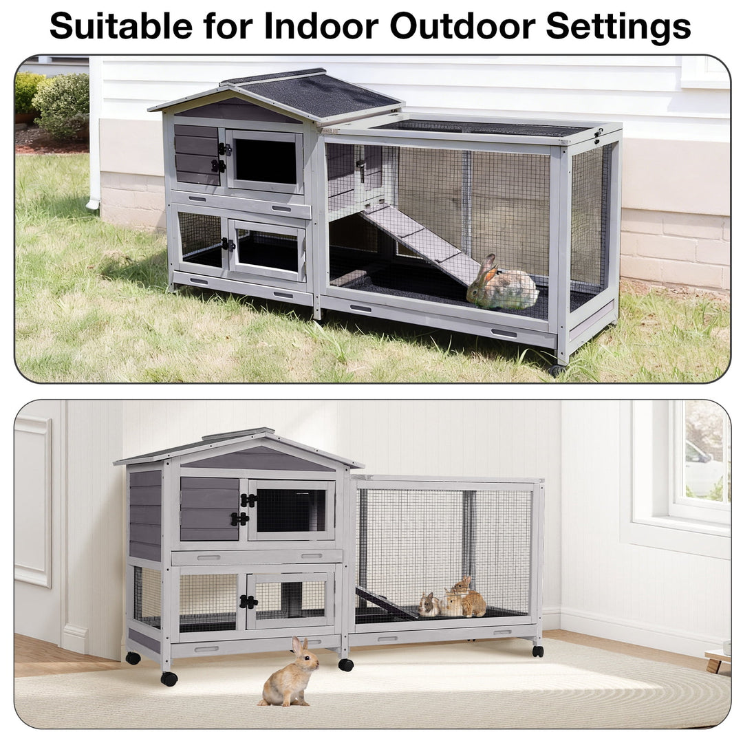 MEDEHOO 62" Rabbit Hutch with Wheels for Outdoor &amp; Indoor, 2-Story Bunny Cage with Pull Out Tray, Chew-Proof Ramp, Waterproof Roof