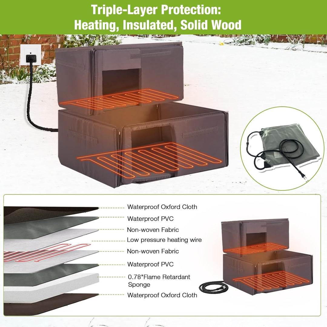 MEDEHOO Heated Cat House for Outside, 2-Story Wooden Cat House Weatherproof for Winter Outdoor Feral Cat Shelter with Heater and Insulated Liner AIR33IN-HP-AL-WM