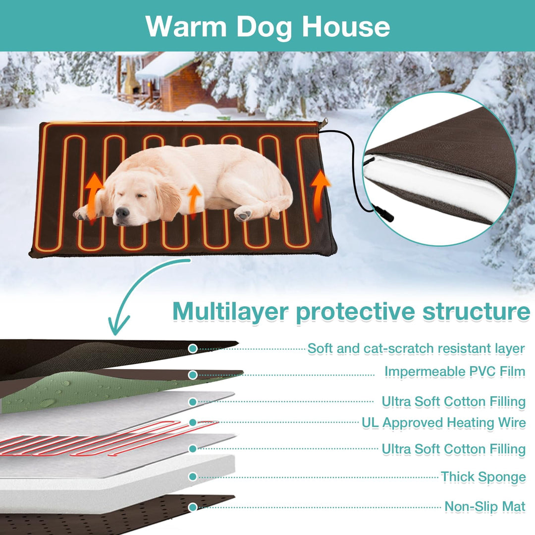 MEDEHOO Heated Outdoor Dog House with Heating Pad &amp; Insulated Liner, Winter Weatherproof Anti-Chewing Dog Kennel, Iron