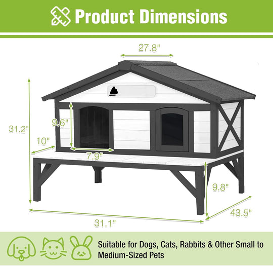 MEDEHOO Heated Cat House for Outside, Outdoor Cat House Weatherproof Insulated Feral Cat Shelter with Anti-Chewing Electric Heating Pad, Elevated Base &amp; DIY Nameplate, 43.5" L(Black and White) AIR92-B-HP-AD-WM