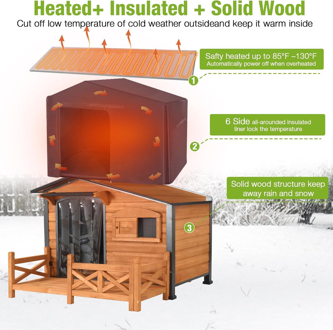 MEDEHOO Heated Dog House Outdoor Dog Kennel with Safe Heated Pad, Chew-Proof Metal Frame and Rotating Food Bowl for Small to Medium Dogs, 44.6" L x 41.1" W x 32.9“H (Brown)
