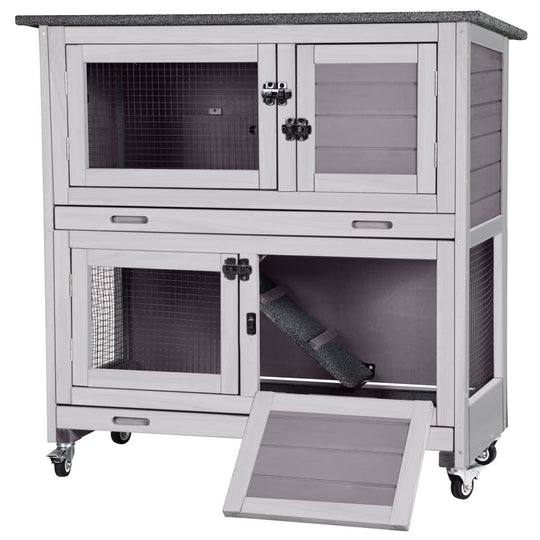 MEDEHOO Rabbit Hutch Bunny Cage Outdoors &amp; Indoors with Wheel, Two Layer Guinea Pig House AIR77-WM