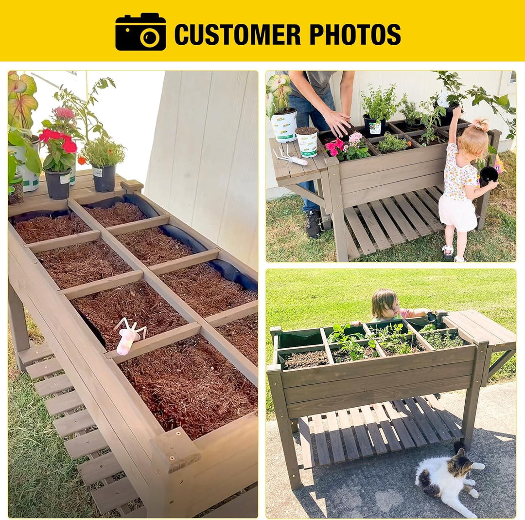 MEDEHOO Raised Garden Bed on Wheels, Elevated Plant Boxes Outdoor Large with Grow Grid - with Large Storage Shelf 52.7" x 22" x 30"