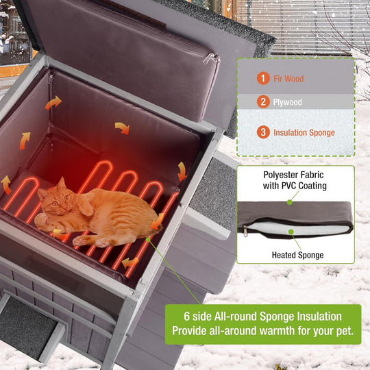 MEDEHOO Heated Cat House Outdoor Insulated Cat Cage with Heating Pad for Winter, Feral Kitty Shelter Waterproof Roof,23" D x 44" W x 34.5" H