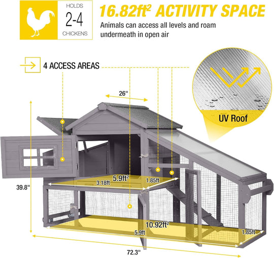 MEDEHOO Chicken Coop for 4 Chickens, Mobile Chicken House with with Wheels, Outdoor Hen House Poultry Cage with Nesting Box, Leakproof Pull Out Tray and UV-Resistant Roof