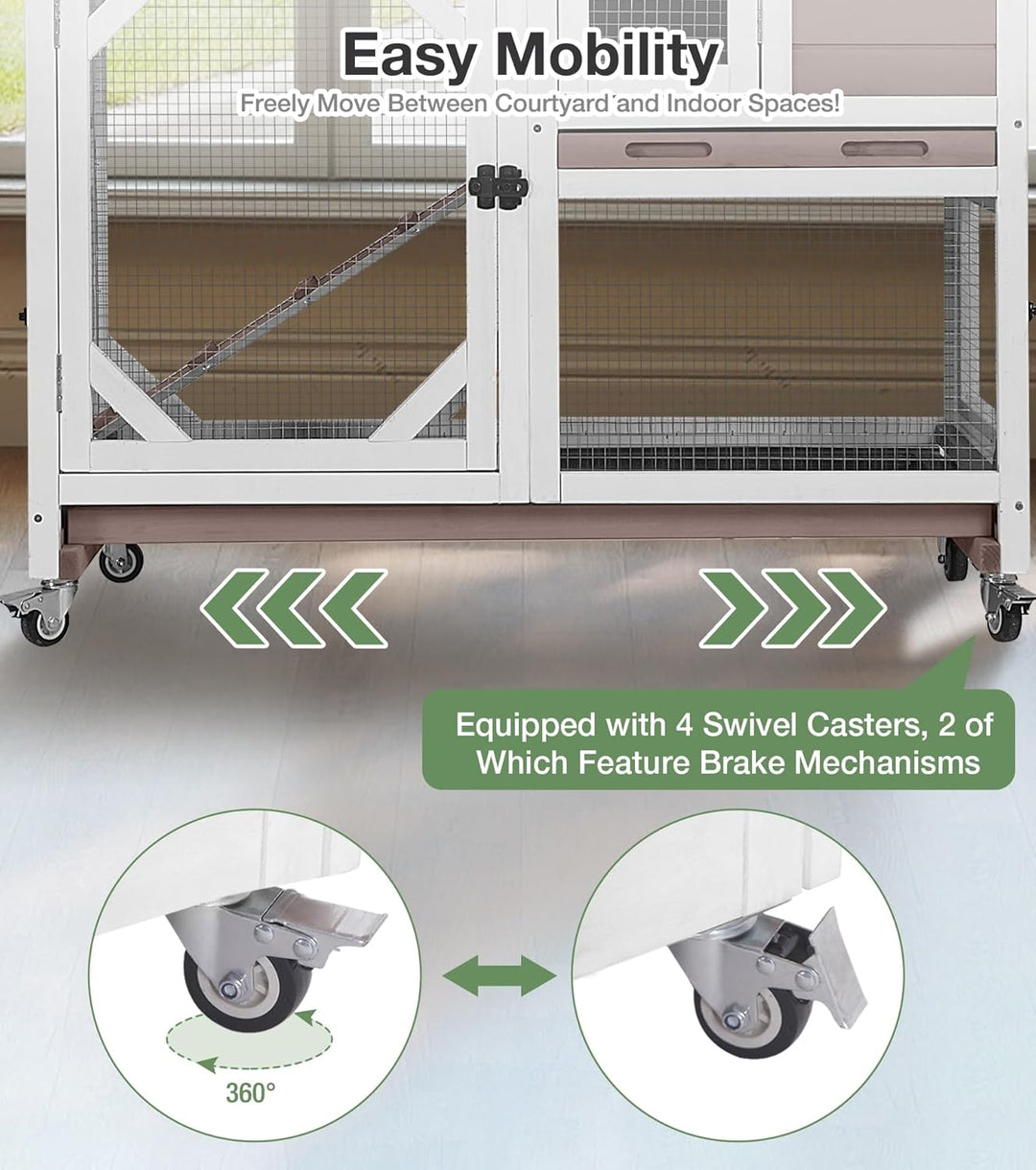 MEDEHOO Rabbit Hutch 2-Story Wooden Bunny Cage with 2 Leak-Proof Sliding Trays, Chew-Proof Metal Mesh, Rainproof Cover, Indoor &amp; Outdoor Guinea Pig House with Wheels - Brown AIR7013-B-AD-WM-WM