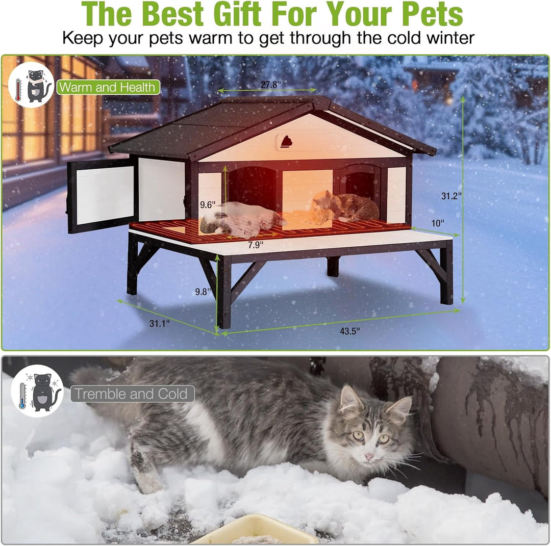 MEDEHOO Heated Outdoor Cat House for Outside Weatherproof Insulated Feral Cat Shelter for Winter with Heater and Thermal Liner, Four Escape Doors and Anti-Chewing Cable for Multiple Cats, 43.5" L