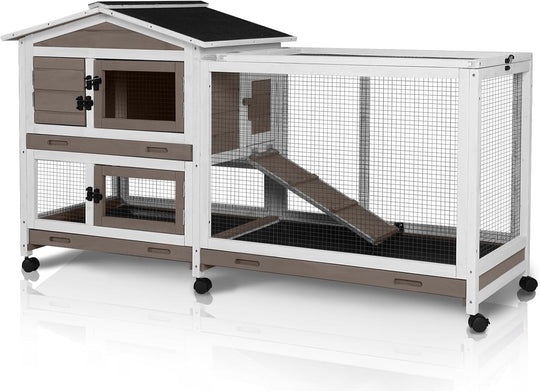 MEDEHOO Rabbit Hutch with Chew-Proof Ramp - 62" Large Bunny Cage for Indoor/Outdoor, 2-Story Design Guinea Pig Cages with 6 Lockable Wheels &amp; 3 Leak-Proof Trays (Brown) MEDE-AIR19-B-MA-WM