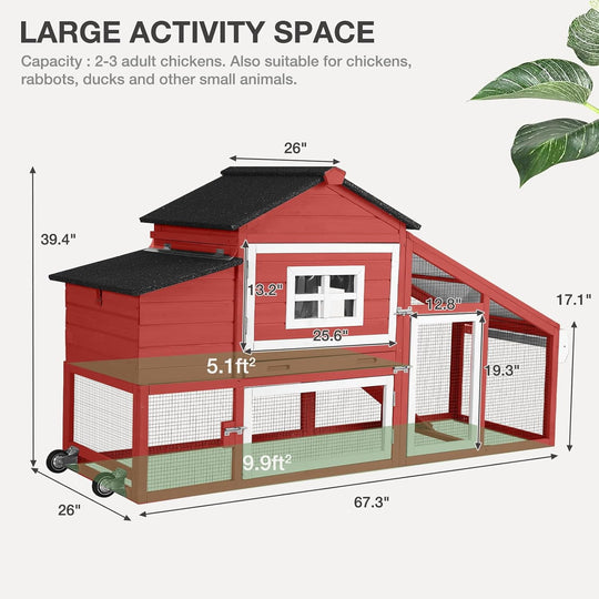 MEDEHOO Chicken Coop Expandable Chicken House for Outdoor with Wheels Nesting Box, Leakproof Pull-Out Tray &amp; UV-Resistant Roof Panel, Red AIR23-RJ-WM2