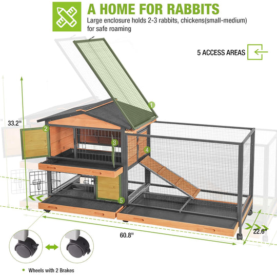 MEDEHOO Rabbit Hutch with Chew-Resistant Metal Frame Indoor Bunny Cage Outdoor Rabbit Cage with Wheels and Leakproof Tray AIR19-X-N