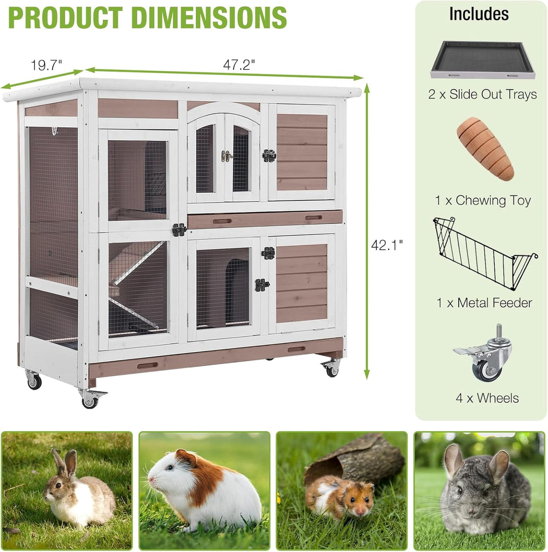 MEDEHOO Large Rabbit Hutch Wooden Bunny Cage Indoor with Chew-Proof Ramp, 2-Story Guinea Pig Cages with Casters, Pull-Out Trays for Rabbits, Guinea Pigs, 47.2" L x 19.7" W x 42.1" H RH-AIR06-D-MA-WM