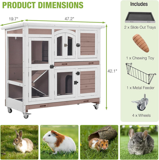 MEDEHOO Large Rabbit Hutch Wooden Bunny Cage Indoor with Chew-Proof Ramp, 2-Story Guinea Pig Cages with Casters, Pull-Out Trays for Rabbits, Guinea Pigs, 47.2" L x 19.7" W x 42.1" H RH-AIR06-D-MA-WM