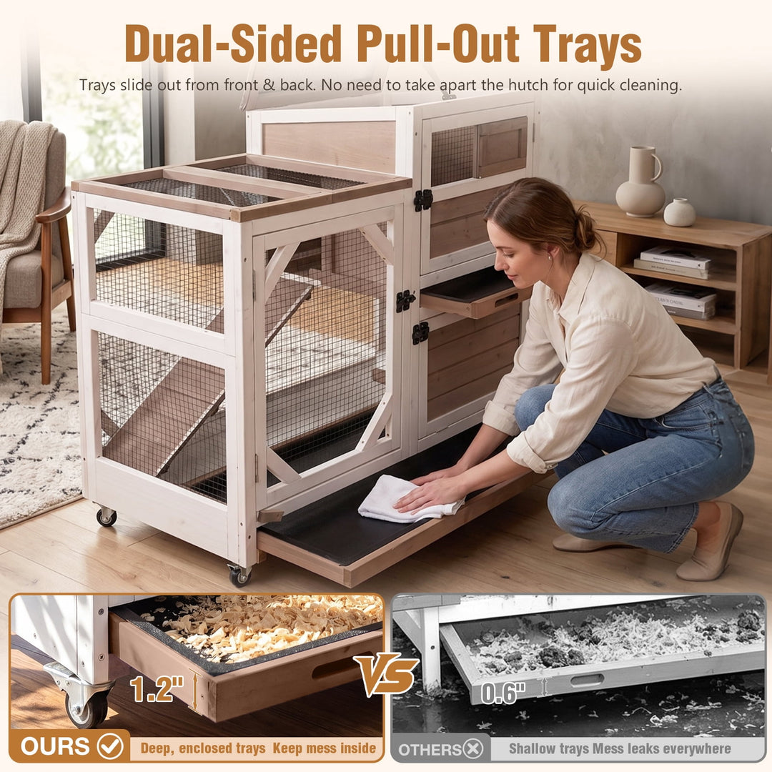 MEDEHOO 2-Story Rabbit Hutch on Wheels Indoor Rabbit Cage with Run Outdoor Weatherproof Bunny Hutch with Chewproof Ramp and Pull-out Tray Brown SAIR7013-WFS