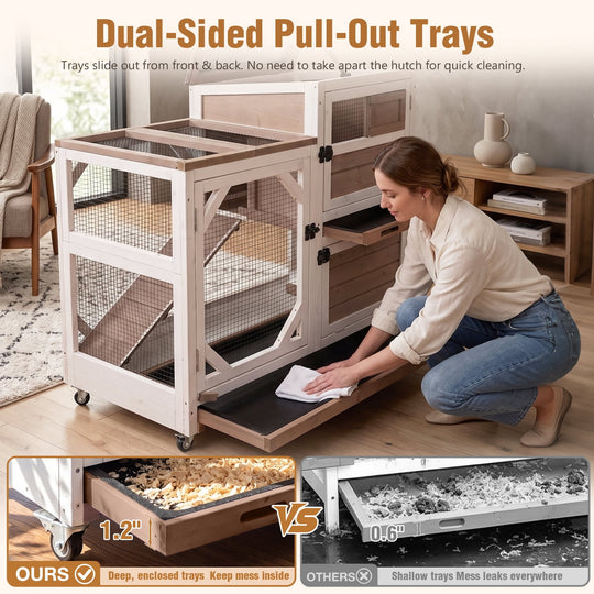 MEDEHOO 2-Story Rabbit Hutch on Wheels Indoor Rabbit Cage with Run Outdoor Weatherproof Bunny Hutch with Chewproof Ramp and Pull-out Tray Brown SAIR7013-WFS
