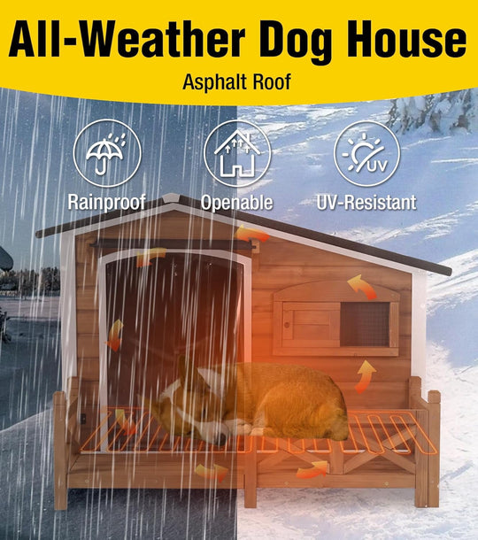 MEDEHOO 44.6" Large Outdoor Heated Dog House XL Insulated Dog Kennel with Safe Heating Pad, Chew-Proof Metal Frame, 6-Sided Thermal Liner for Large Dog Breeds, Dark Brown