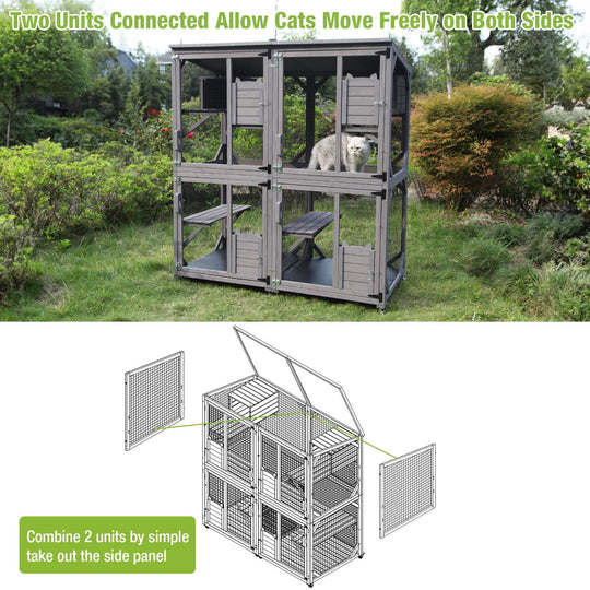 MEDEHOO 70.9" Catio Outdoor Cat House Cat Enclosure on Wheels, Large Wooden Cat Cage with Resting Box &amp; Asphalt Roof AIR22-G-WM