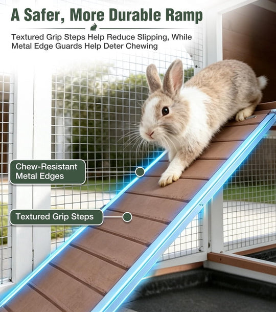 MEDEHOO 39" 2-Story Rabbit Hutch, Wooden Bunny Cage with Chew-Proof Ramp, 2 Leak-Proof Pull-Out Trays and Lockable Wheels for Guinea Pigs &amp; Small Pets, Brown AIR7013-MI-WM