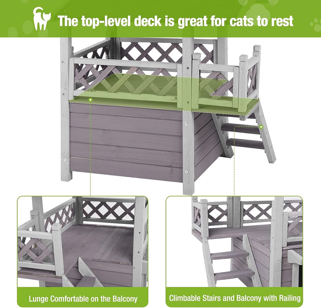 MEDEHOO Cat House with Door for Feral Cats, Rainproof Outside Kitty House, 2 Story Wooden Kitten Condo with Stairs AIR09-BS-WM2