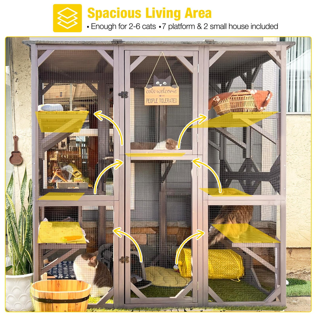 MEDEHOO Cat House Outdoor Catio Kitty Enclosure with Super Large Enter Door,Wooden Cat Cage Condo Indoor Playpen with Platforms, 71 Inch