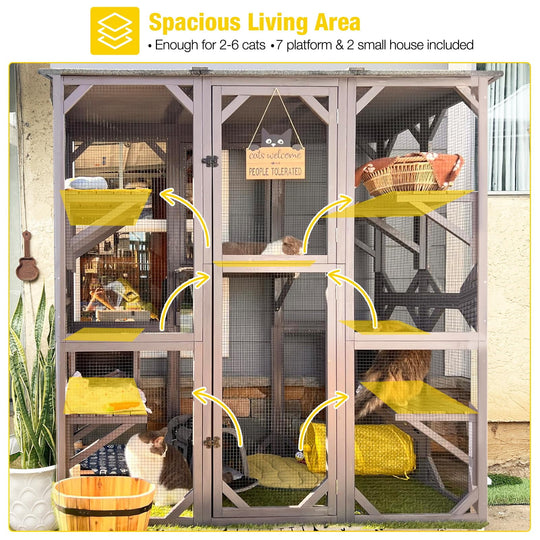 MEDEHOO Cat House Outdoor Catio Kitty Enclosure with Super Large Enter Door,Wooden Cat Cage Condo Indoor Playpen with Platforms, 71 Inch