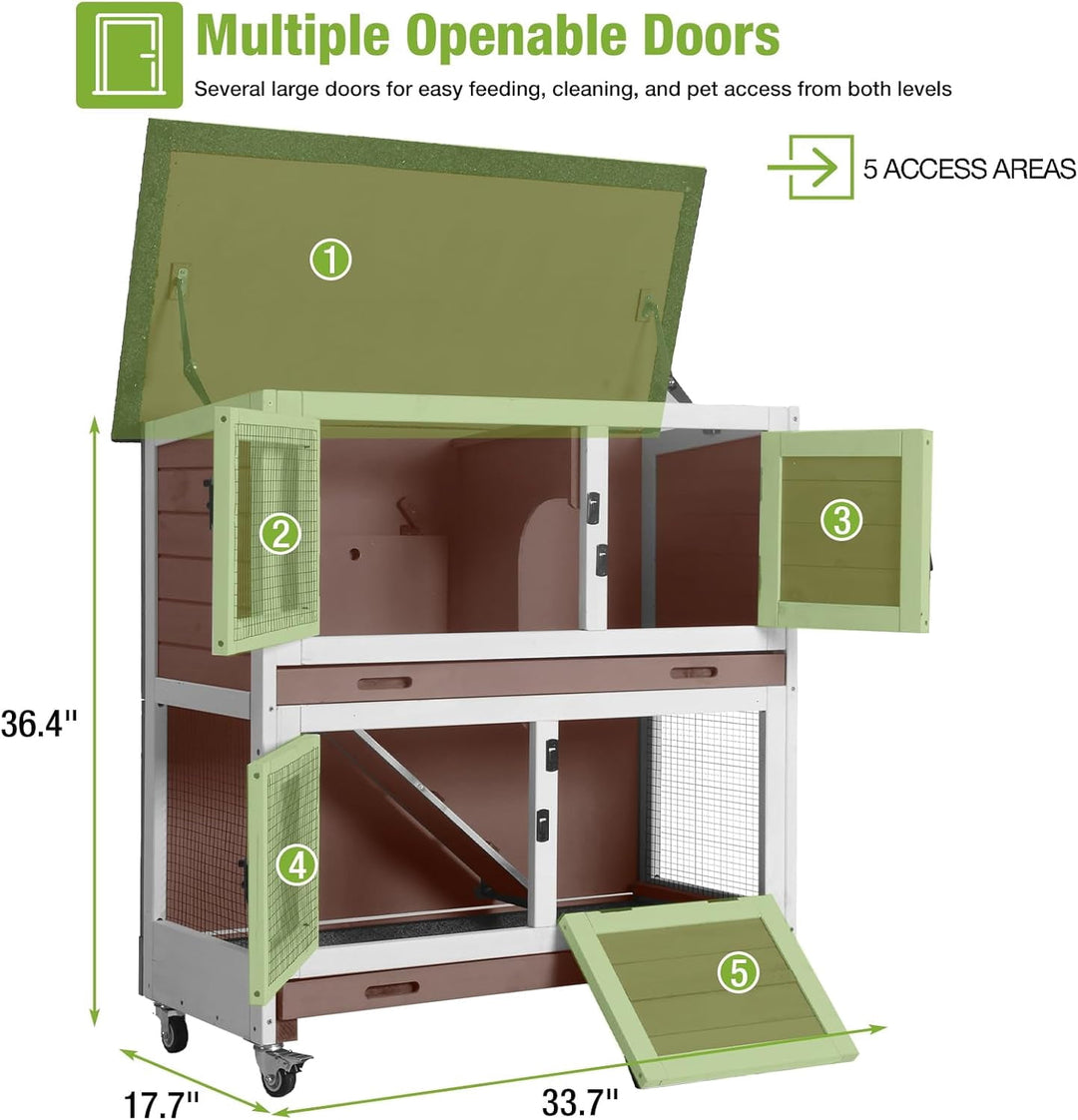 MEDEHOO Wooden Rabbit Hutch Indoor Outdoor Rabbit Cage with Two Removable Trays Bunny Cage on Wheels Pet House Guinea Pig Cage 2 Story (Brown)