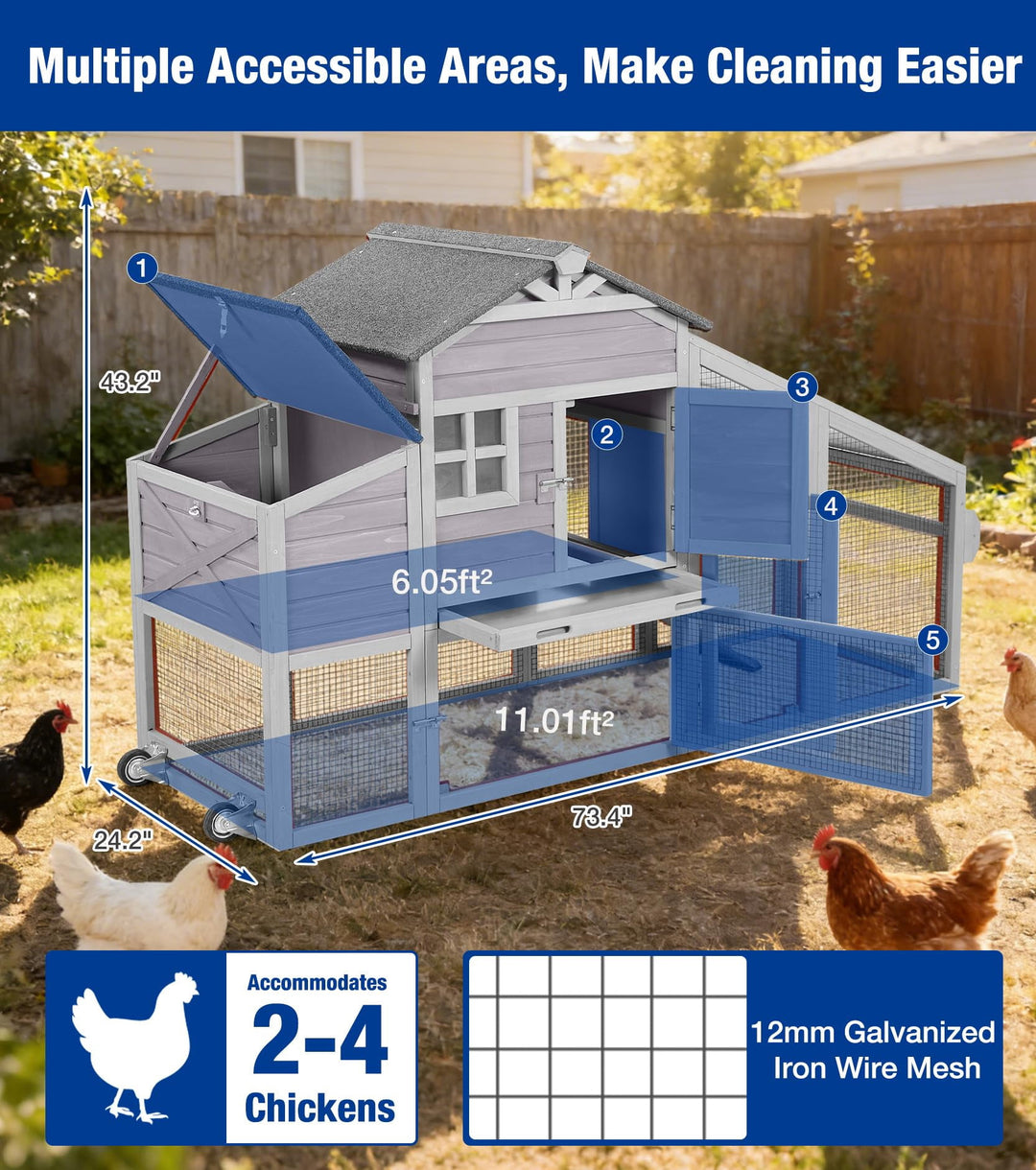 MEDEHOO Mobile Chicken Coop with Run, Large Wooden Chicken House with Wheels, Duplex Hen House with Nesting Box, Slide-Out Tray, Waterproof Roof, Accommodates 2-4 Chickens - Grey