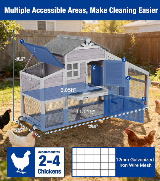 MEDEHOO Mobile Chicken Coop with Run, Large Wooden Chicken House with Wheels, Duplex Hen House with Nesting Box, Slide-Out Tray, Waterproof Roof, Accommodates 2-4 Chickens - Grey
