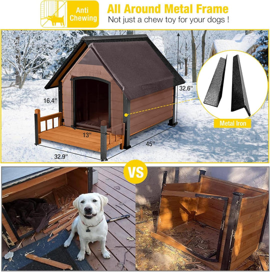 MEDEHOO Outdoor Dog House with All-Around Insulated Liner Weatherproof Puppy Shelter Indoor Dog Kennel, Anti-Bite Dog Home for Large Breed with Porch (Brown (Heated Liner), Medium)