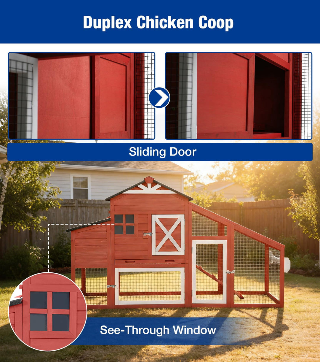 MEDEHOO 73" Mobile Chicken Coop with Run for 2-4 Chickens, Large Wooden Hen House with Nesting Box, 2 Perches and Easy-Clean Pull-Out Tray, Gray AIR32-R-9-AD-2-WM