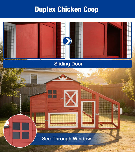 MEDEHOO 73" Mobile Chicken Coop with Run for 2-4 Chickens, Large Wooden Hen House with Nesting Box, 2 Perches and Easy-Clean Pull-Out Tray, Gray AIR32-R-9-AD-2-WM