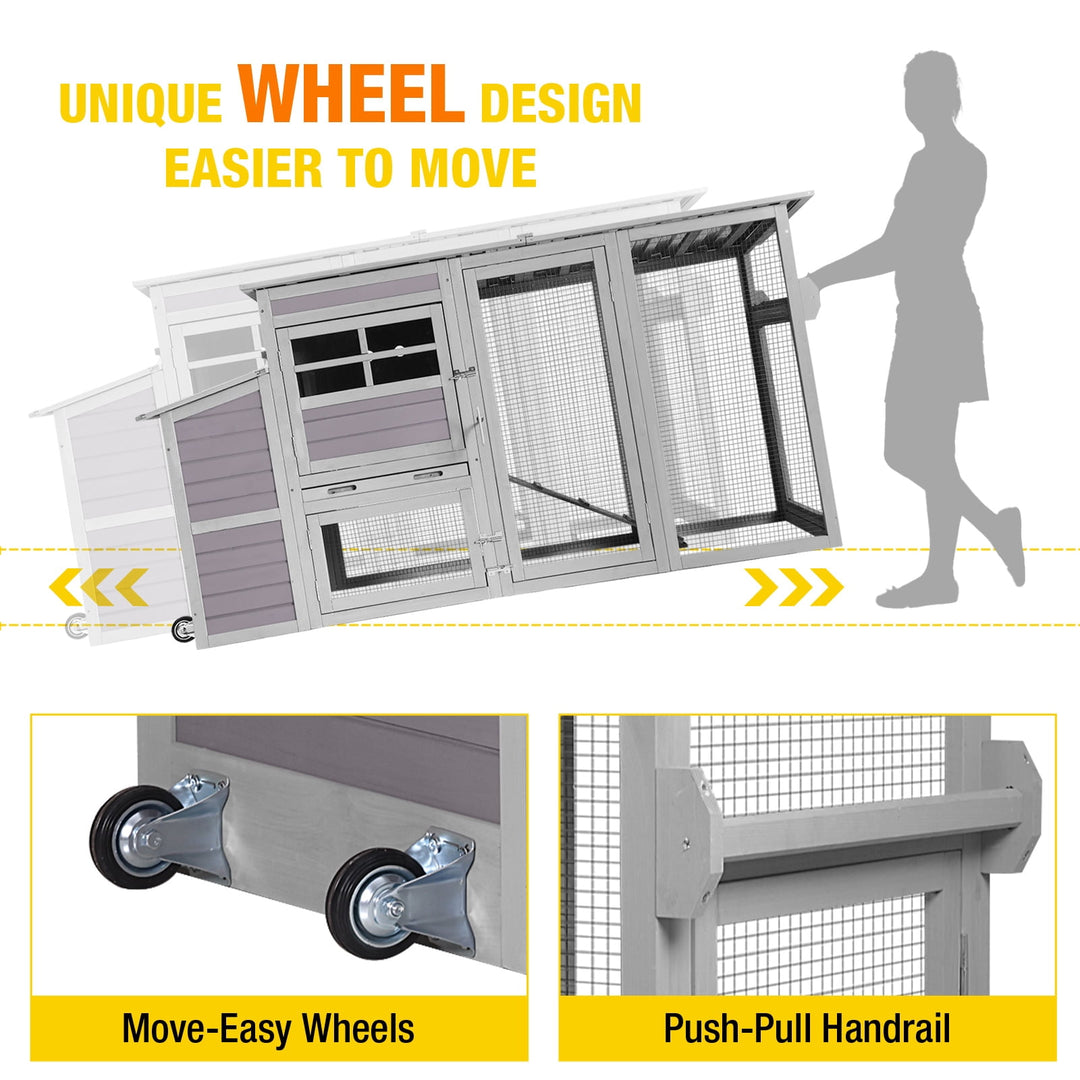MEDEHOO 78in Large Chicken Coop with Wheels &amp; Removable Leakproof Tray, Outdoor Wooden Poultry House with Waterproof Roof, Nesting Box, Ramp and Run (Grey) AIR310-WM