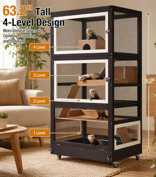 MEDEHOO 63“H Extra Large 4-Story Ferret Cage with Wheels Brown Aluminum alloy frame with wire mesh, PVC-coated levels, 2 ramps, 2 hideouts, deep slide-out tray and locking wheels AIR56-B-2-AD-WM
