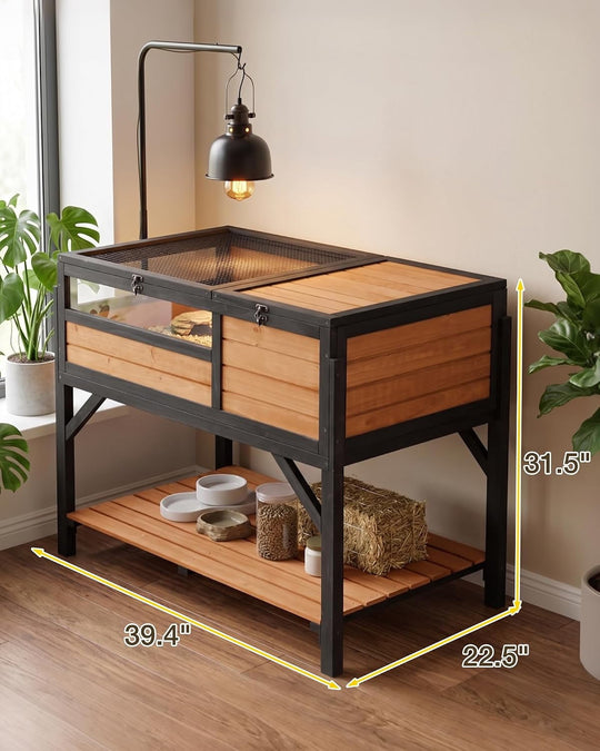 MEDEHOO Wooden Tortoise Habitat with Detachable Legs &amp; Adjustable Lamp Holder – Reptile Terrarium for Small Animals AIR70-BF-ML-WM