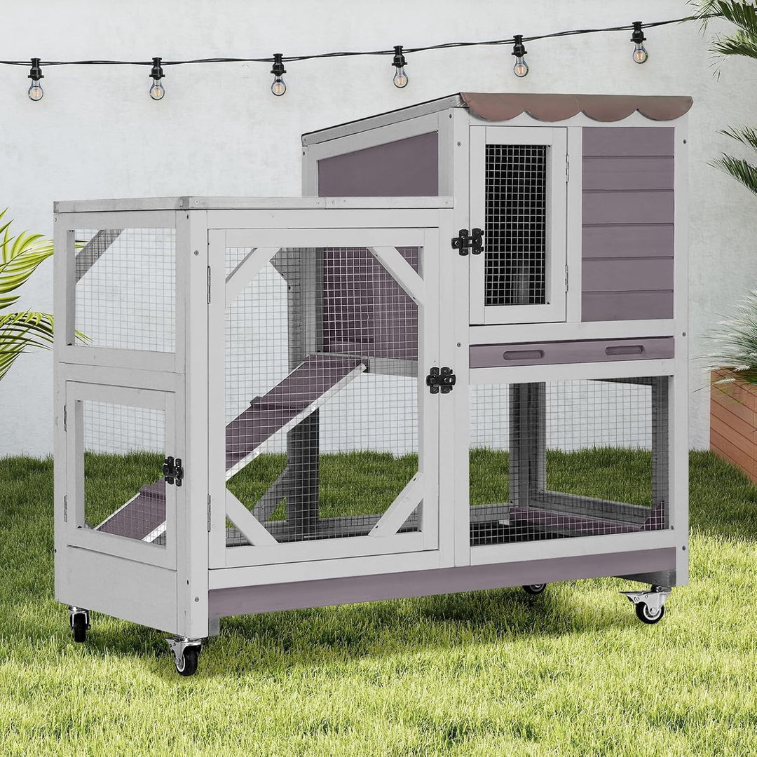 2-Story Rabbit Hutch Bunny Cage with Leak-Proof Trays &amp; Chew-Proof Ramp - Indoor/Outdoor 39.3" Wooden Rabbit Cage with Wheels for Rabbits, Guinea Pigs, Small Animal (Grey)