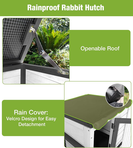 MEDEHOO Duplex Rabbit Hutch Indoor with Chew-Proof Frame &amp; 2 Leak-Proof Sliding Trays, Rain Cover, Wooden Guinea Pig Cages with Wheels - Black and White AIR7013-BW-2-AD-WM