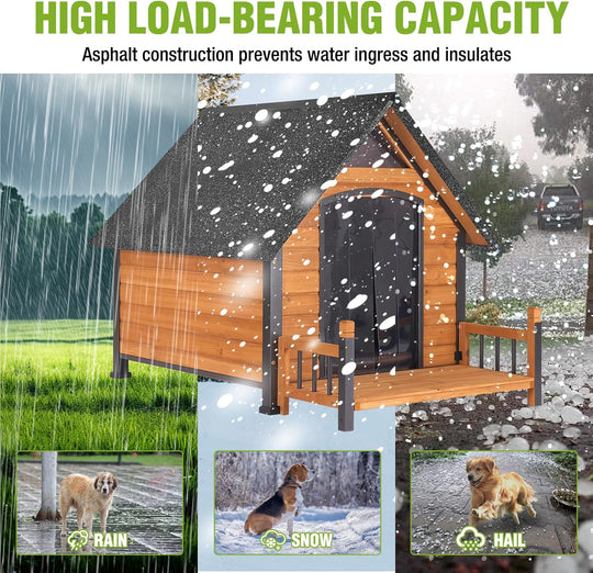 MEDEHOO Heated Outdoor Dog House Insulated Weatherproof Dog Kennel with All-Around Metal Frame, Anti-Bite Puppy Home with Porch, Dog Shelter for Large Breed (Brown, 50.9'' Large)