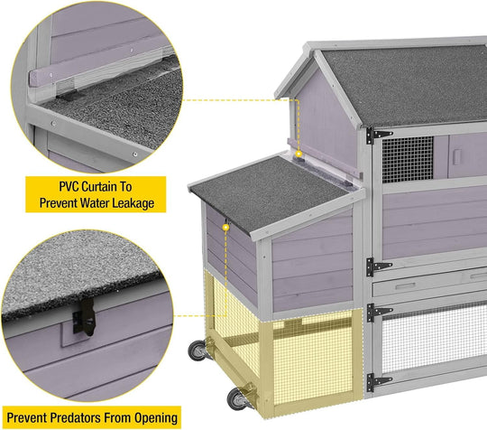MEDEHOO Mobile Chicken Coop with Wheels Expandable Hen House with Two-Section Nesting Box, Predator-Resistant Locks, UV-Resistant Roof, Large Poultry Cage, Gray AIR27-WM