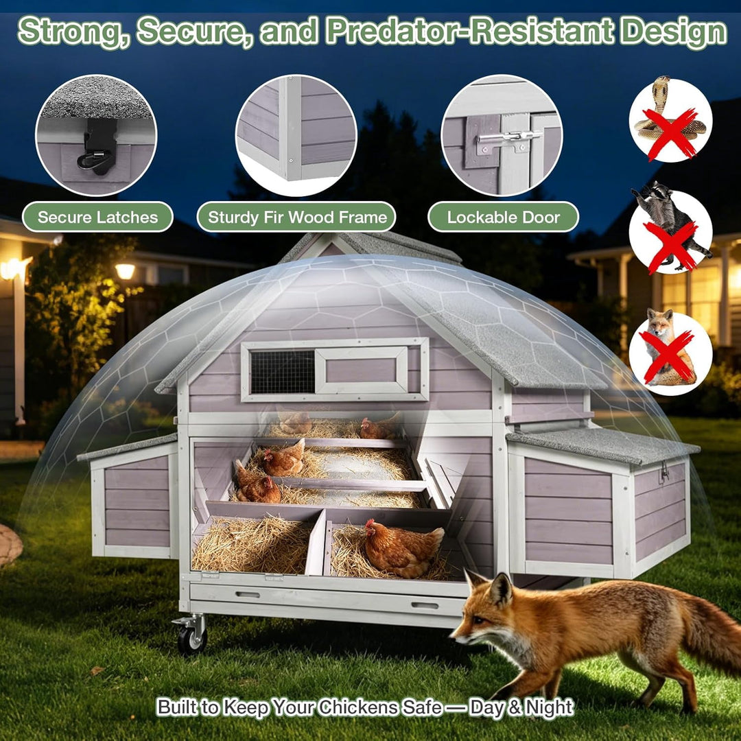 MEDEHOO Large Mobile Chicken Coop with Wheels, 6 Nesting Box for 4-6 Chickens, Outdoor Hen House with Weatherproof Asphalt Roof, Pull-Out Tray