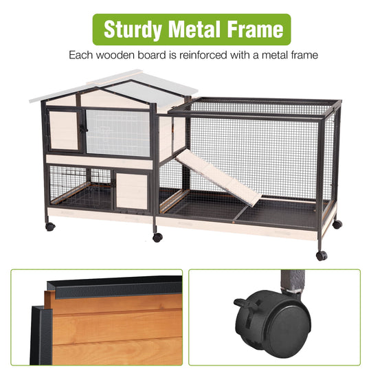 MEDEHOO 62" Heavy-Duty Rabbit Hutch with Full Iron Frame, 2-Story Indoor &amp; Outdoor Bunny Cage with Wheels and Pull-Out Tray, Orange