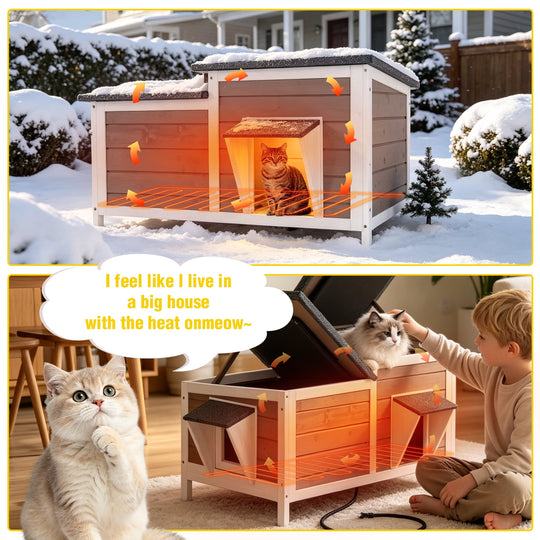 MEDEHOO 39.1"L Heated Cat House with Insulated Liner Outdoor Cat House with Anti-Bite Cable Weatherproof Cat Shelter with Heater Feral Cat House Brown