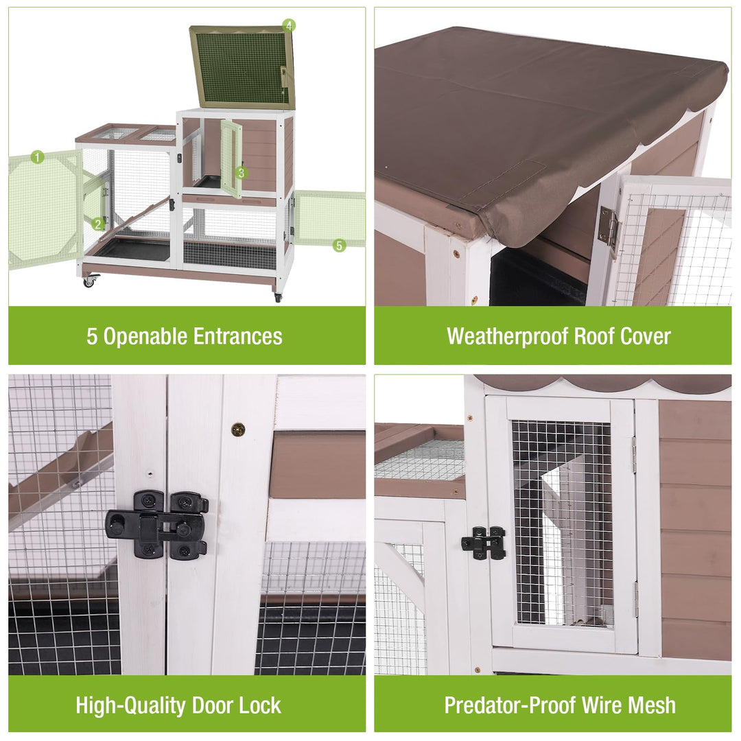 MEDEHOO 2-Story Rabbit Hutch with Chew-Proof Ramp &amp; Pull-Out Trays - Indoor/Outdoor 39.3" Wooden Rabbit Cage on Wheels for Rabbits, Guinea Pigs RH-AIR7013-MB