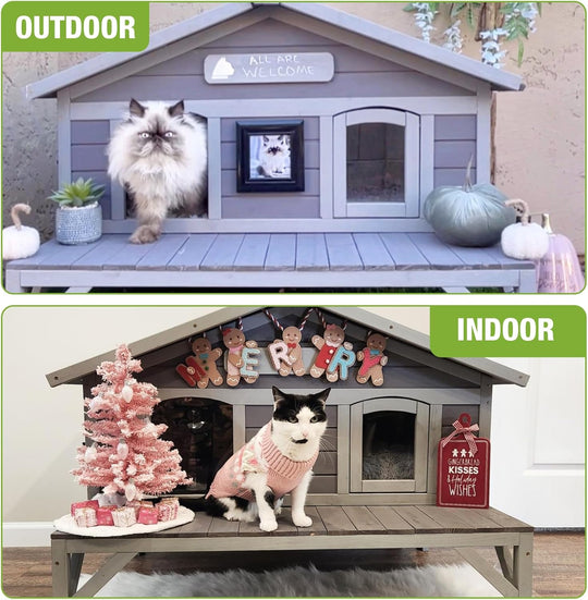 MEDEHOO Outdoor Cat House, Wooden Feral Cat Shelter with Large Balcony. Weatherproof Cat House for Stray Cats Outside with Escape Doors, Indoor Kitten Condo AIR92-ML-WM