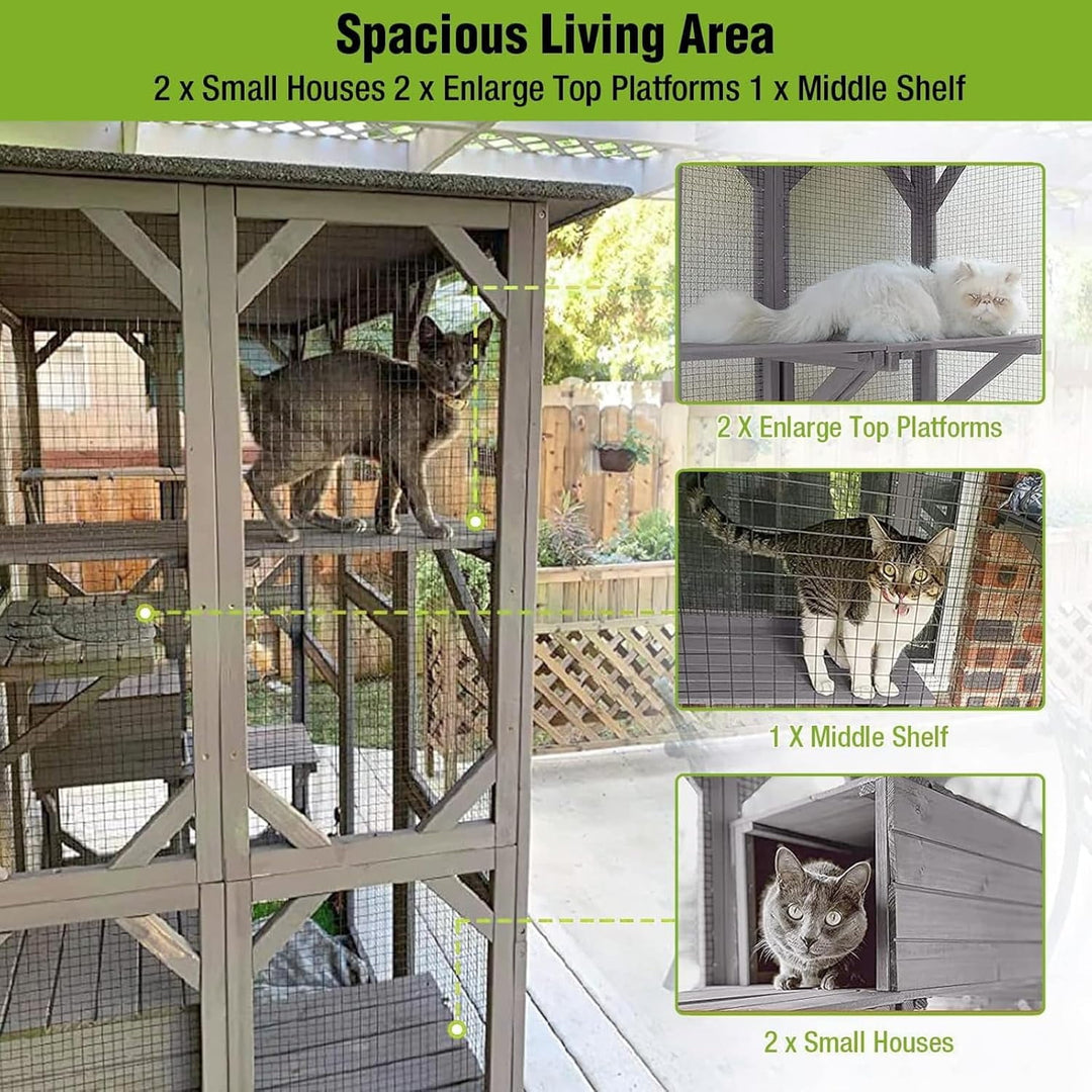 MEDEHOO Catio Outdoor Cat Enclosure Large Walk in Window Cat House for Mulitiple Cats with 7 Platforms and 2 Resting Box,Asphalt Roof,70 inch