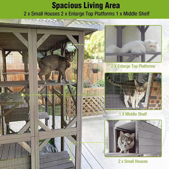 MEDEHOO Catio Outdoor Cat Enclosure Large Walk in Window Cat House for Mulitiple Cats with 7 Platforms and 2 Resting Box,Asphalt Roof,70 inch
