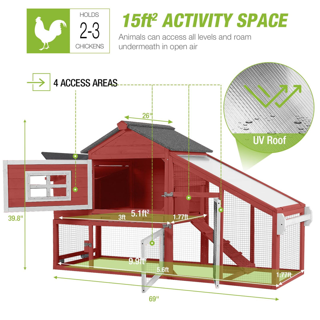 BUTINGLALE Outdoor Mobile Chicken Coop with Wheels Hen House with Nesting Box Wooden Bunny Cage Large Duck House with Run UV Roof Rabbit Hutch(Red) AIR23-R-N