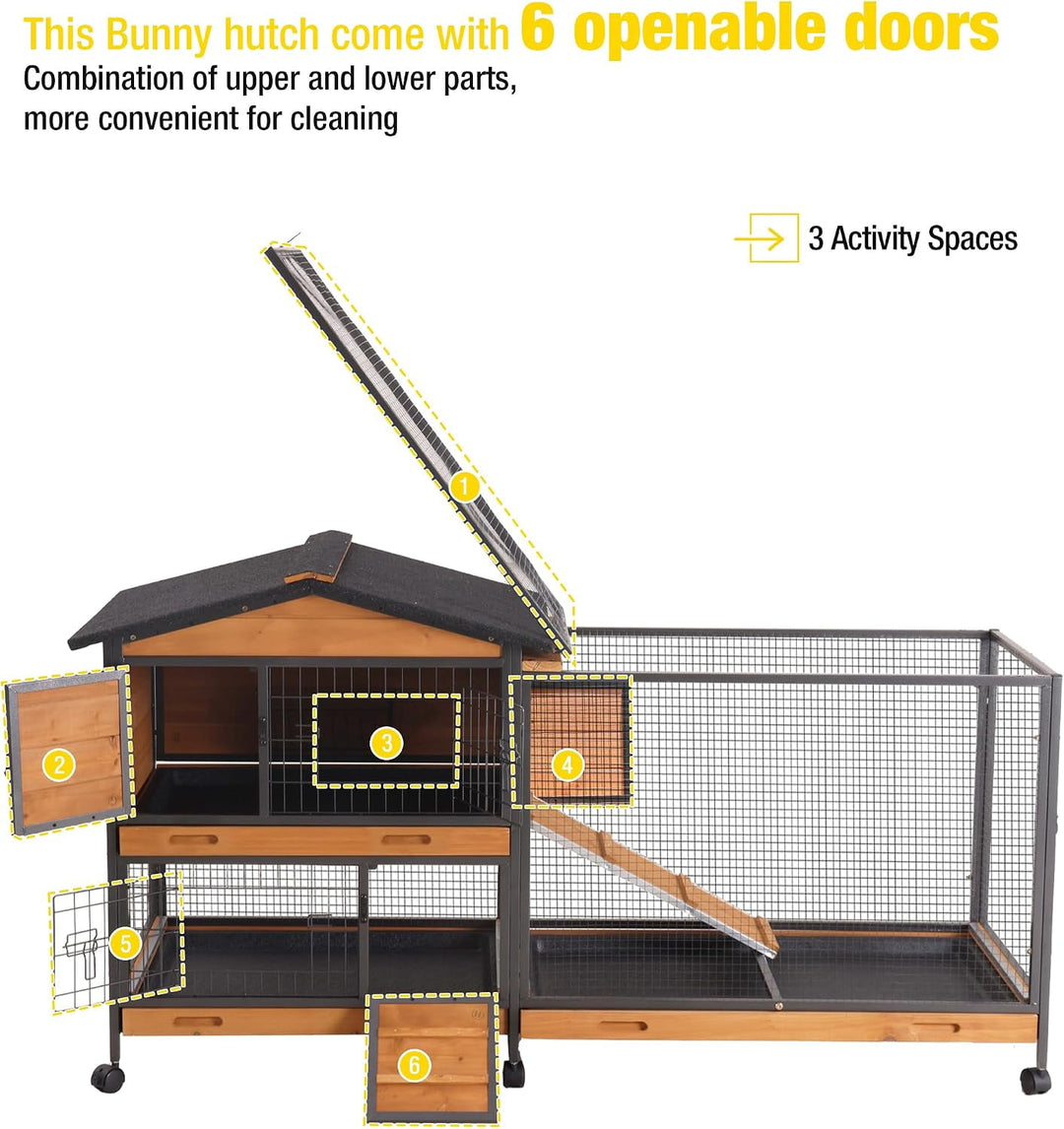 MEDEHOO 2-Story Rabbit Hutch with Chew-Proof Full Metal Frame for Indoor/Outdoor - 62" Bunny Cage with 6 Locking Casters &amp; 2 Pull-Out Trays for Rabbits, Guinea Pigs, Small Pets (Brown)