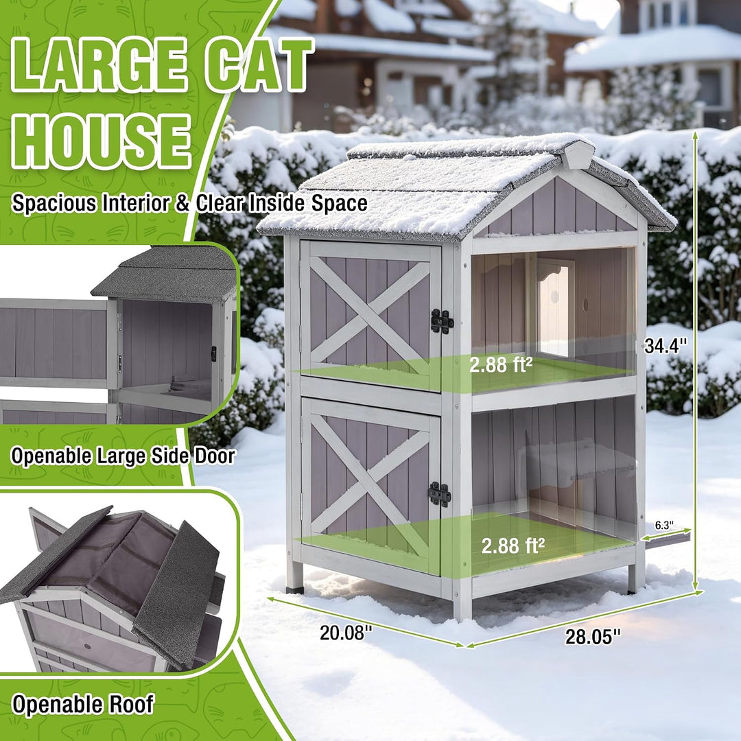 MEDEHOO 2-Story Heated Cat House for Outside Large Insulated Cat House Outdoor Weatherproof Feral Cat Shelter with Heated Pad, Insulated All-Round Thermal Liner for 1-4 Cats