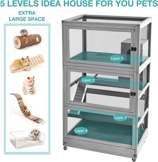 MEDEHOO 4 Levels Wooden Ferret Cage with Wheels, Upgrade Metal Frame Rat Cages for Guinea Pig Lizzard Chinchilla Gerbils Indoor Outdoor (4 Level)
