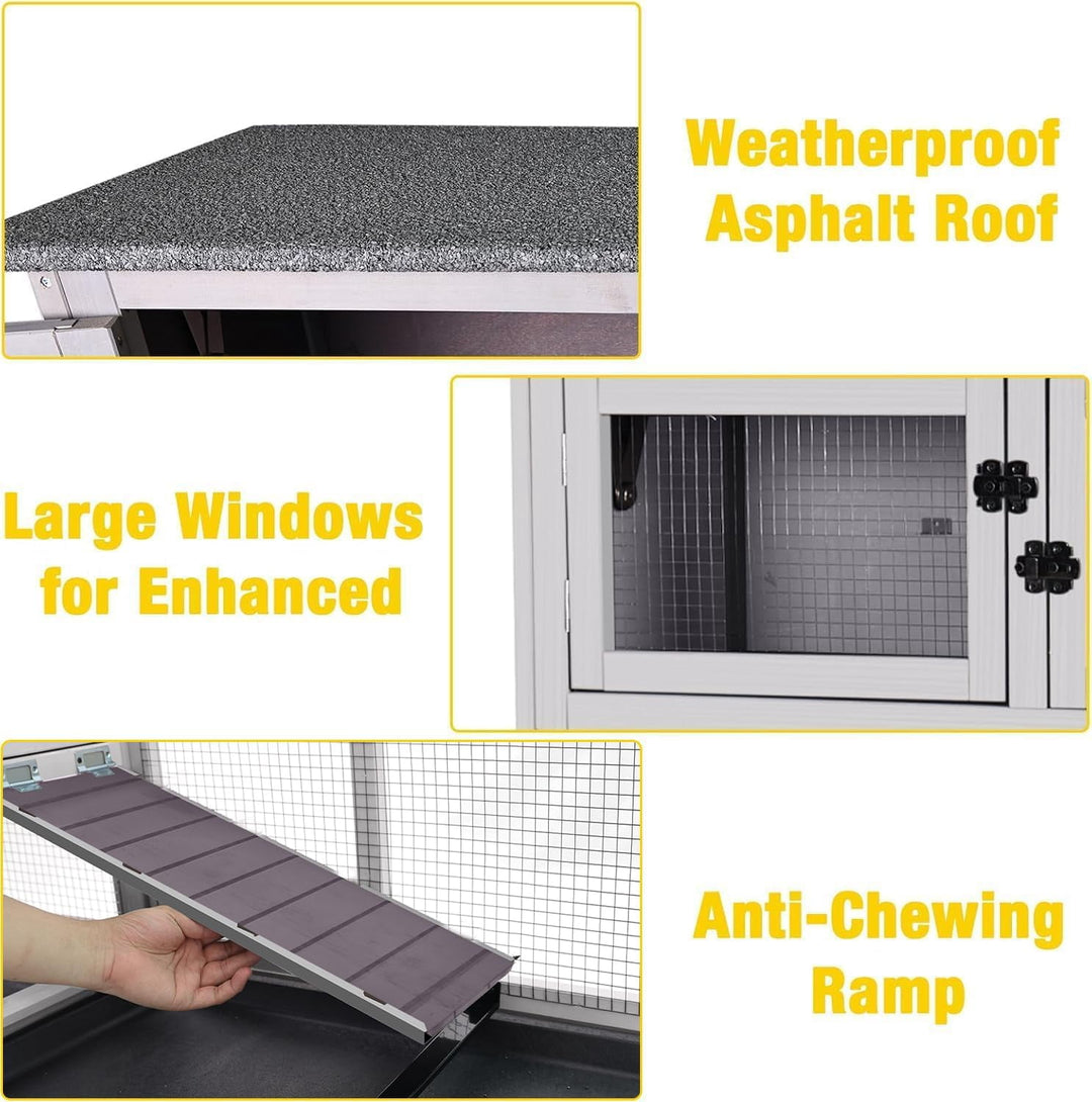MEDEHOO 36" L Rabbit Hutch Indoor Bunny Cage Outdoor 2 Story Bunny Hutch with Weatheproof Roof Pull-Out Tray Ramp Large Guinea Pig Cage on Wheels